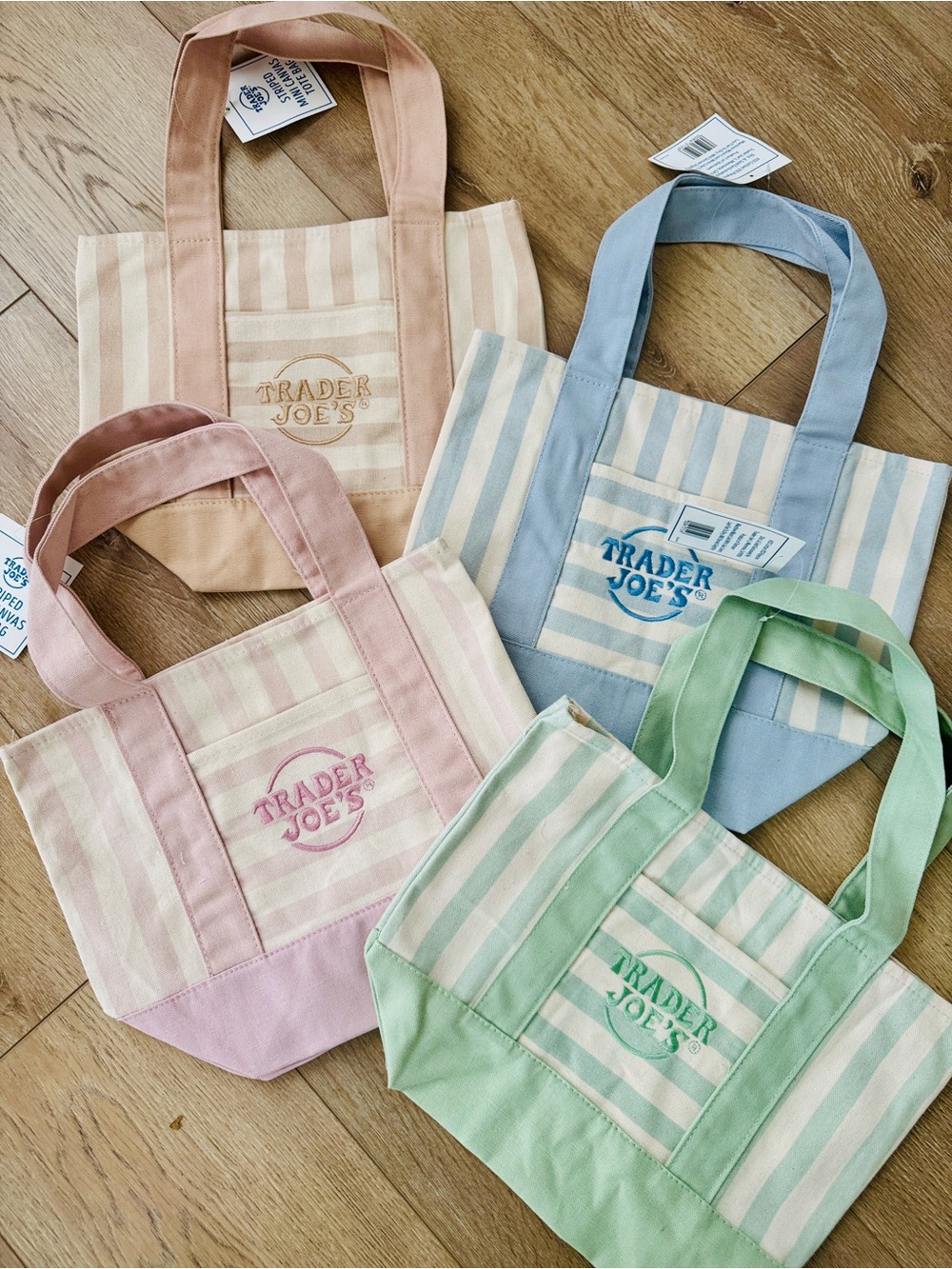 Trader Joe's Pastel Striped Mini‎ Canvas Tote Set of 4: Pink, Blue, Green, Beige